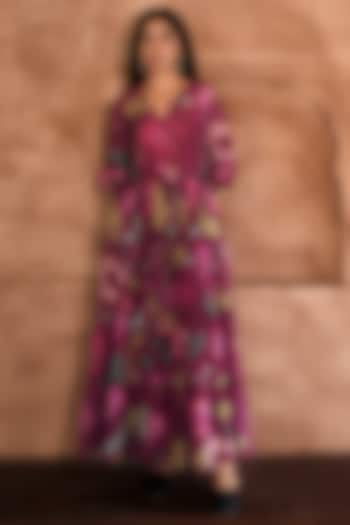 Wine-Red Chanderi Digital Printed Vacation Dress by TARO at Pernia's Pop Up Shop