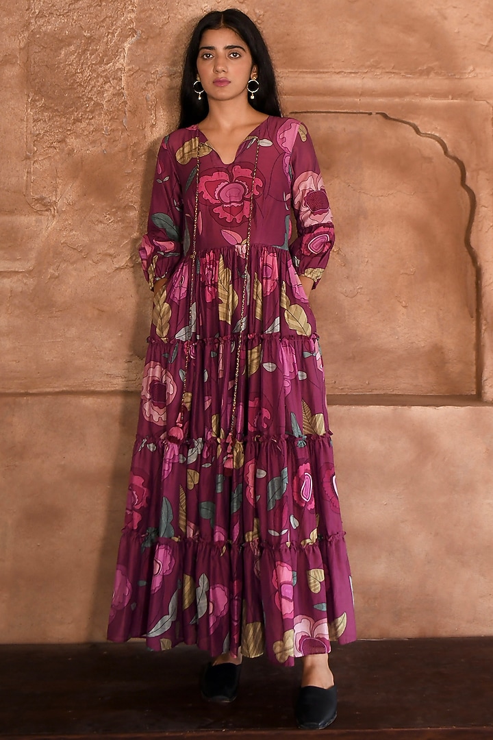 Wine-Red Chanderi Digital Printed Vacation Dress by TARO at Pernia's Pop Up Shop