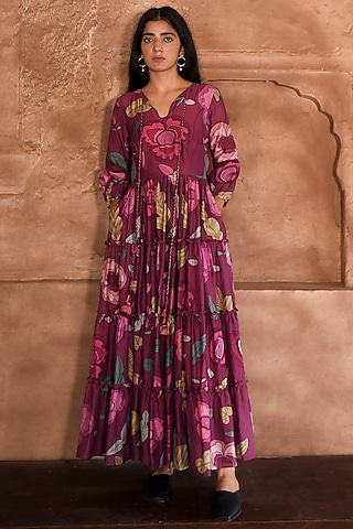 Wine-Red Chanderi Digital Printed Dress by TARO