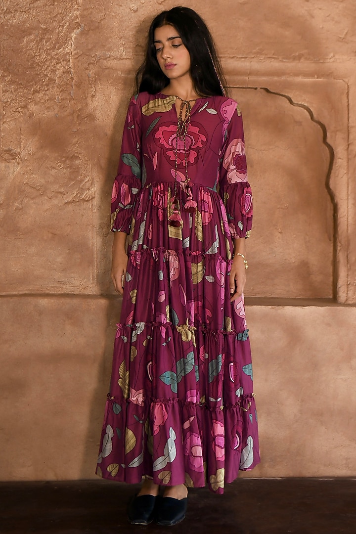 Wine-Red Chanderi Digital Printed Summer Dress by TARO at Pernia's Pop Up Shop