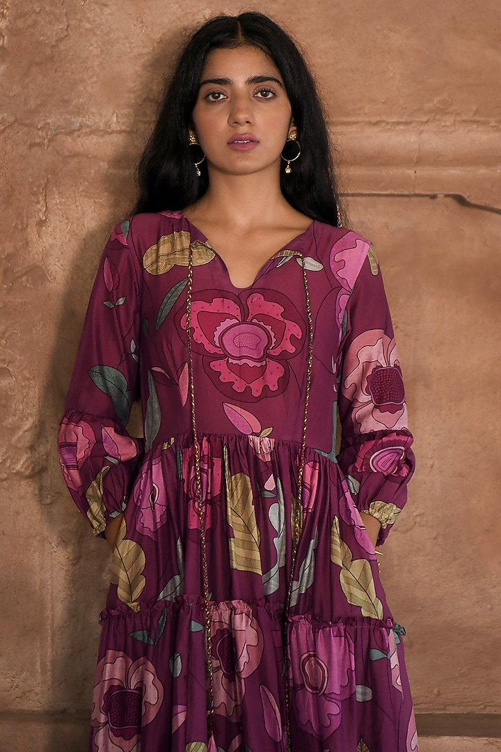 Wine-Red Chanderi Digital Printed Summer Dress by TARO at Pernia's Pop Up Shop