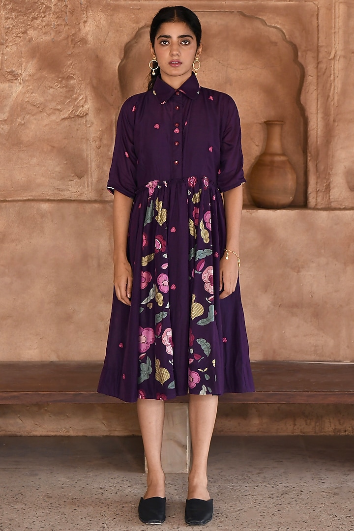 Violet Chanderi Printed Summer Shirt Dress by TARO at Pernia's Pop Up Shop