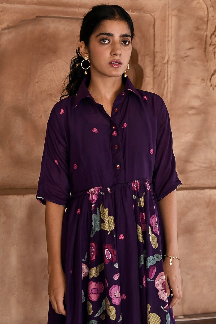 Violet Chanderi Printed Summer Shirt Dress by TARO at Pernia's Pop Up Shop