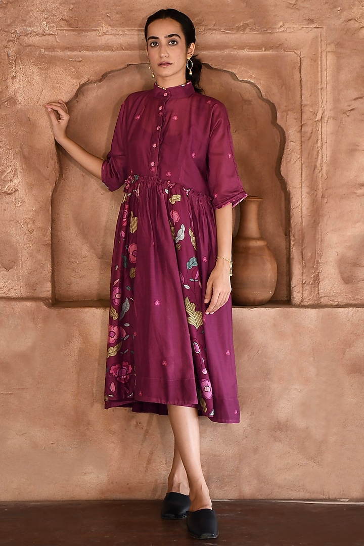 Mahogany Chanderi Digital Printed Summer Shirt Dress by TARO at Pernia's Pop Up Shop