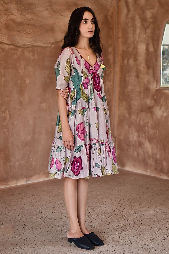 Grey Chanderi Printed Knee-Length Summer Dress by TARO at Pernia's Pop Up Shop