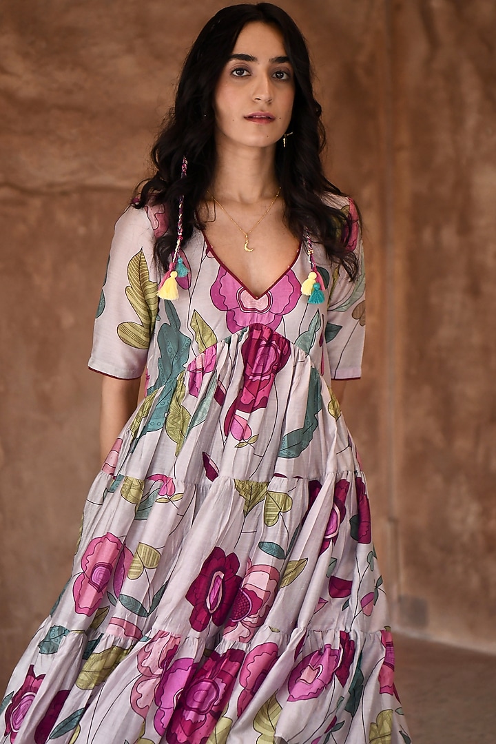 Grey Chanderi Printed Knee-Length Summer Dress by TARO at Pernia's Pop Up Shop