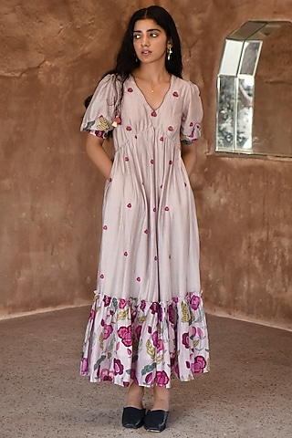 Grey Chanderi Embroidered & Printed Dress by TARO