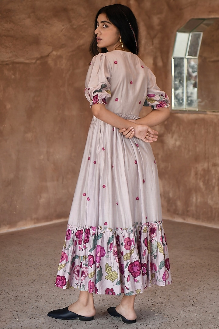 Grey Chanderi Embroidered & Printed Summer Dress by TARO at Pernia's Pop Up Shop