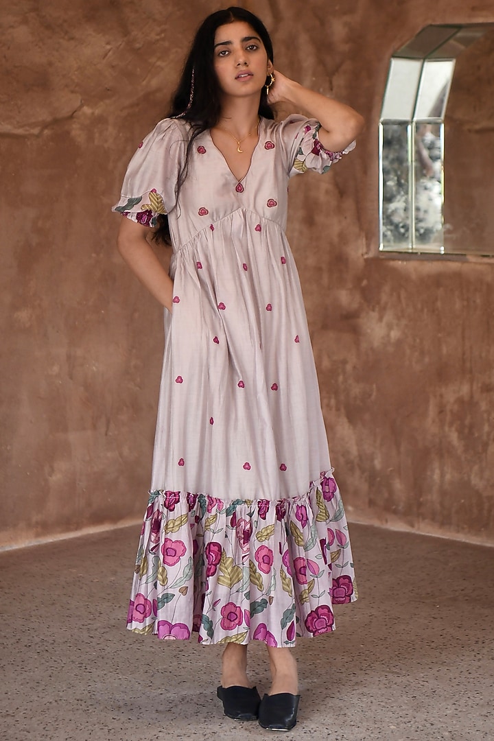 Grey Chanderi Embroidered & Printed Summer Dress by TARO at Pernia's Pop Up Shop