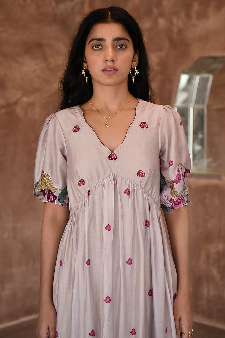 Grey Chanderi Embroidered & Printed Summer Dress by TARO at Pernia's Pop Up Shop