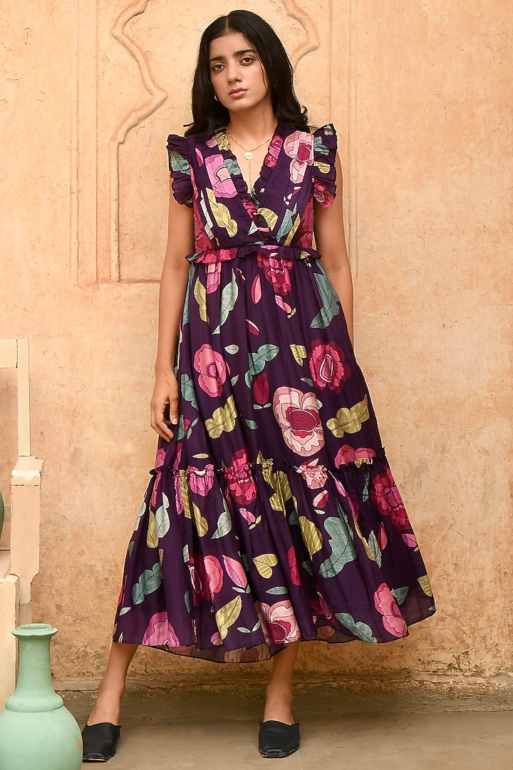 Violet Chanderi Silk Printed Vacation Dress by TARO at Pernia's Pop Up Shop