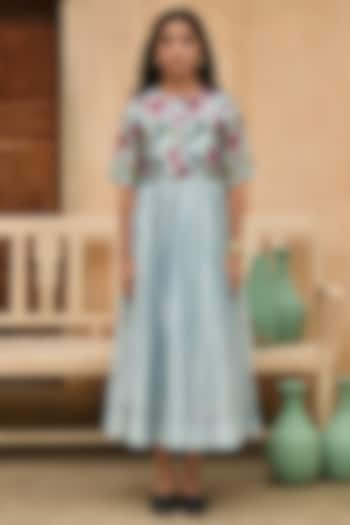 Sky Blue Chanderi Printed & Embroidered Dress by TARO at Pernia's Pop Up Shop