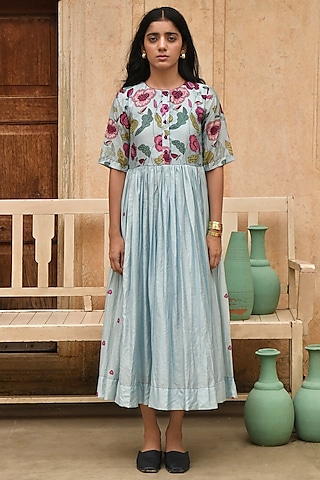 Sky Blue Chanderi Printed & Embroidered Dress by TARO