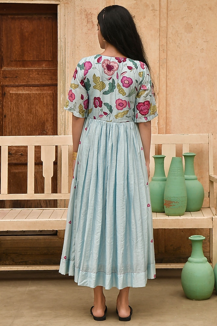 Sky Blue Chanderi Printed & Embroidered Summer Dress by TARO at Pernia's Pop Up Shop