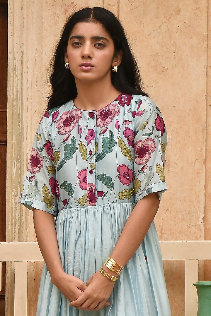Sky Blue Chanderi Printed & Embroidered Summer Dress by TARO at Pernia's Pop Up Shop