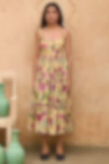 Yellow Handcrafted Printed Dress by TARO
