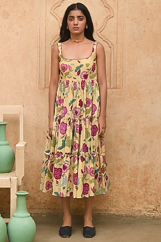 Yellow Handcrafted Printed Dress by TARO