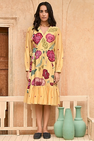 Yellow Chanderi Floral Printed Dress by TARO