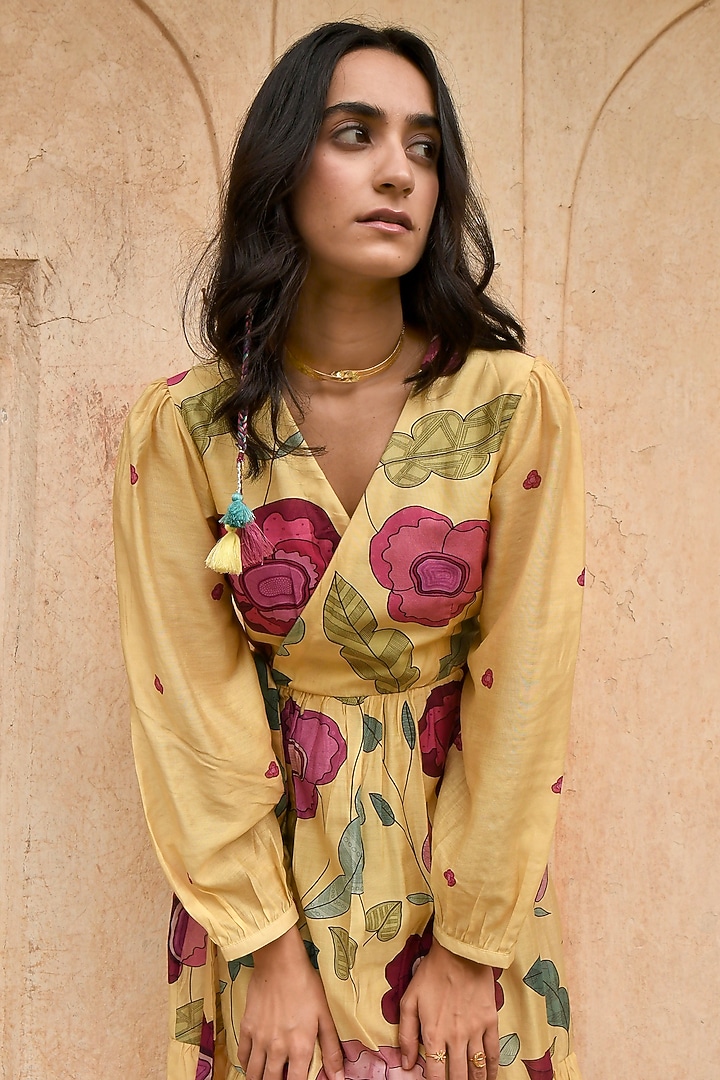 Yellow Chanderi Floral Printed Summer Dress by TARO at Pernia's Pop Up Shop