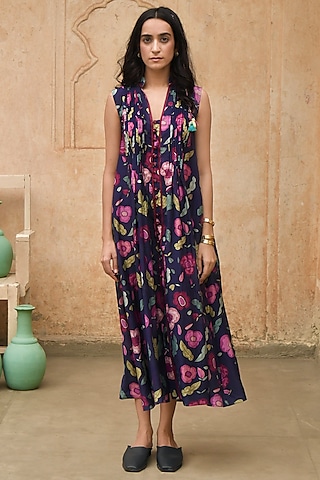 Persian Blue Chanderi Digital Printed Dress by TARO