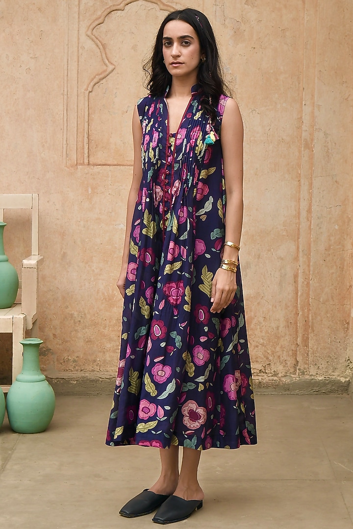 Persian Blue Chanderi Digital Printed Summer Dress by TARO at Pernia's Pop Up Shop