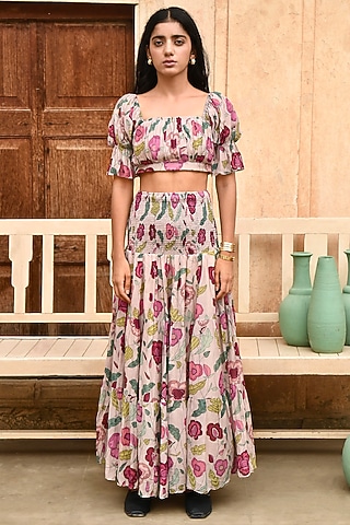 Grey Chanderi Digital Printed Skirt by TARO