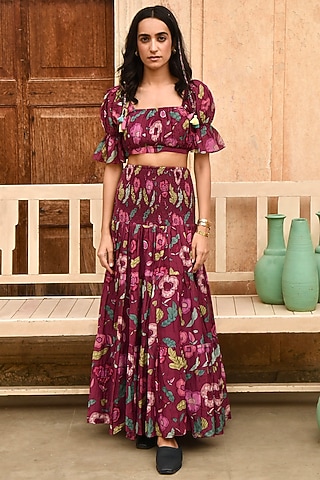 Wine-Red Chanderi Digital Printed Skirt by TARO