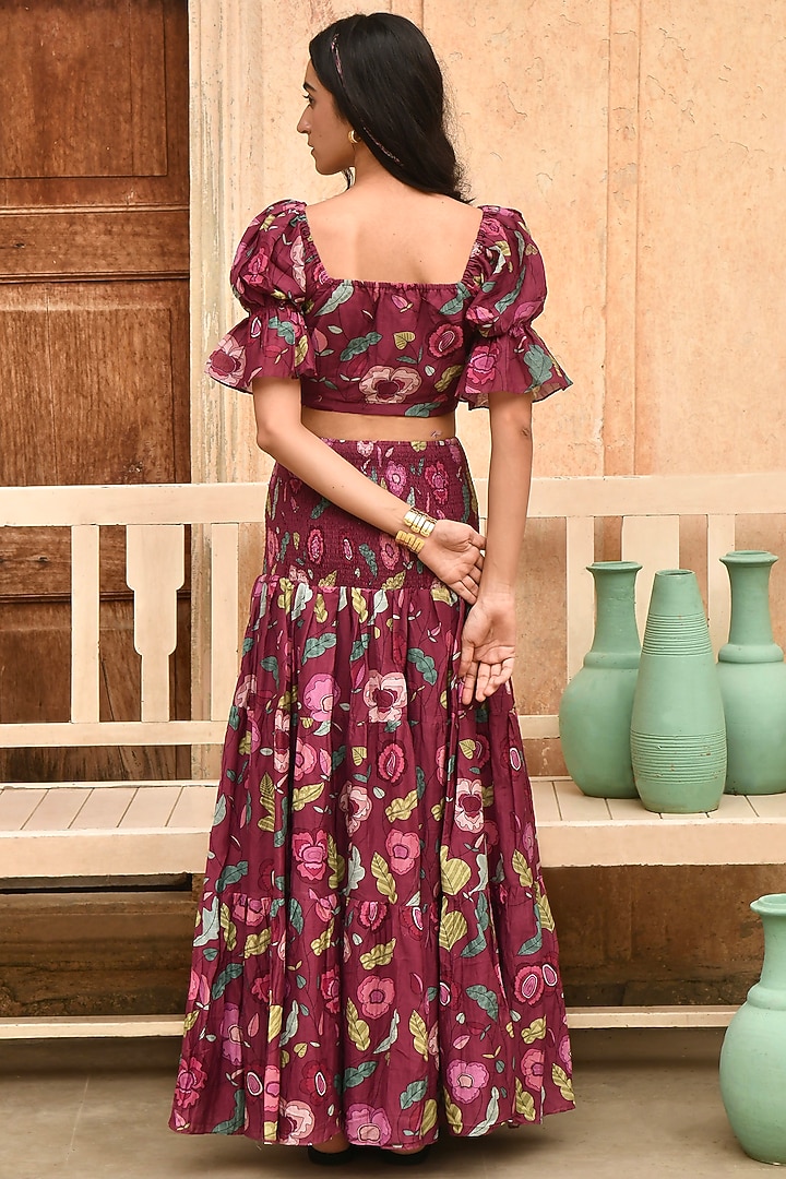 Wine-Red Chanderi Digital Printed Skirt by TARO at Pernia's Pop Up Shop