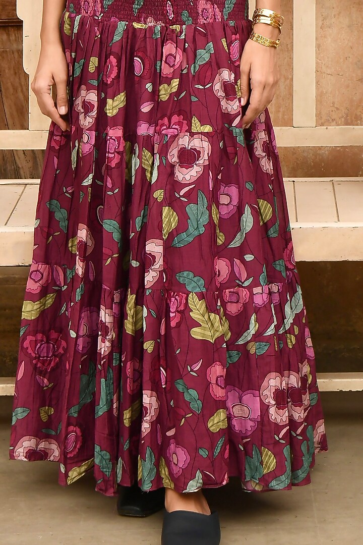 Wine-Red Chanderi Digital Printed Skirt by TARO at Pernia's Pop Up Shop