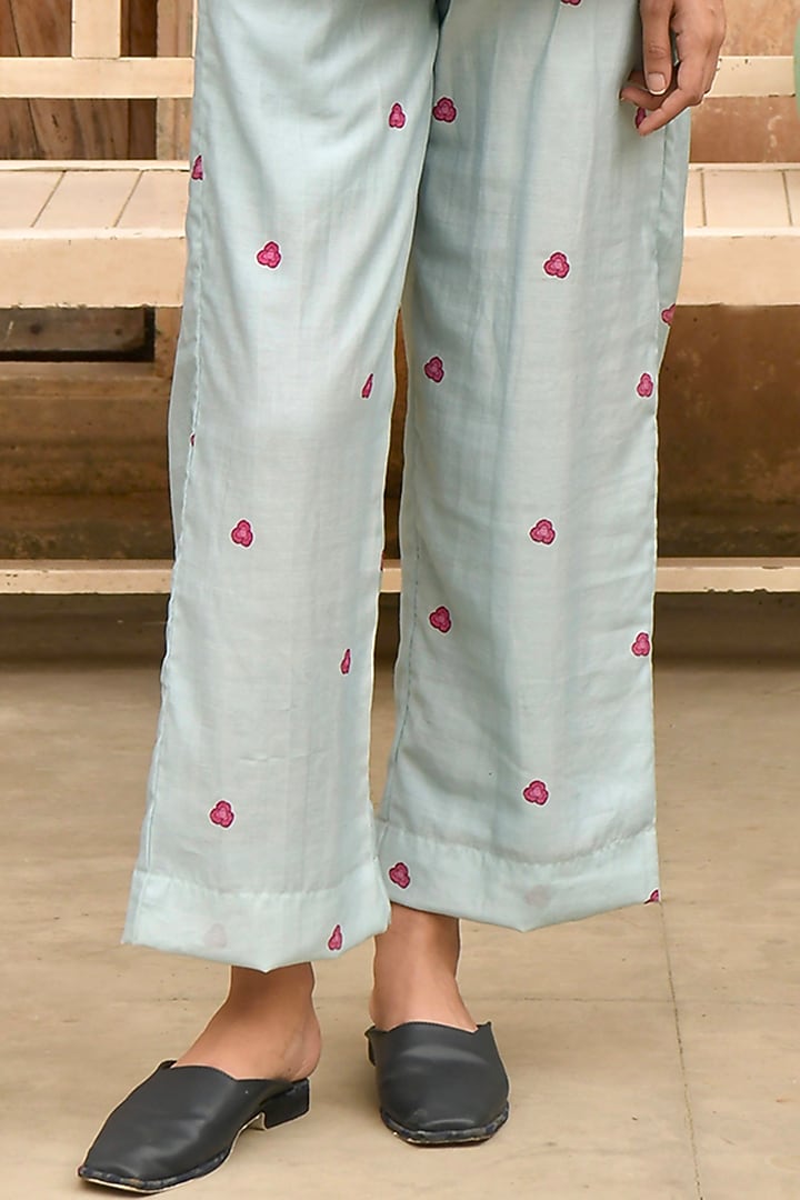 Sky Blue Chanderi Floral Digital Printed Pants by TARO at Pernia's Pop Up Shop