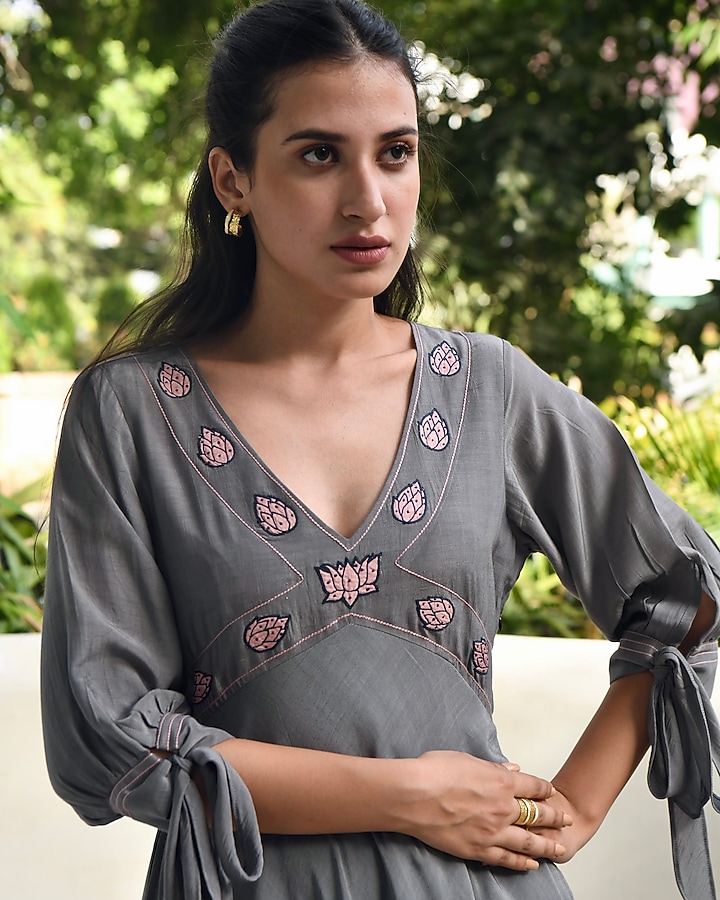 Smoky Grey Silk Embroidered Vacation Dress by TARO at Pernia's Pop Up Shop