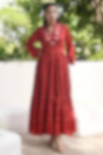 Persian Red Satin Pleated Dress by TARO