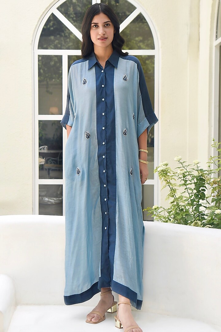 Teal Blue Hand Embroidered Kaftan by TARO