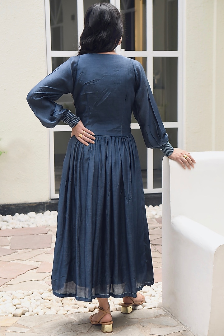 Midnight Blue Silk Embroidered Vacation Dress by TARO at Pernia's Pop Up Shop