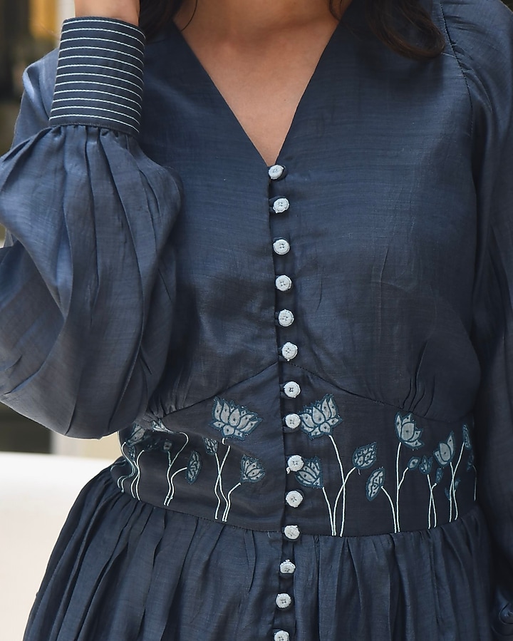 Midnight Blue Silk Embroidered Vacation Dress by TARO at Pernia's Pop Up Shop