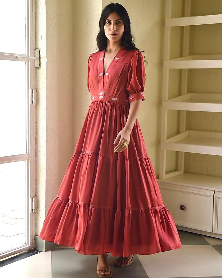 Rust Red Embroidered Tiered Dress by TARO