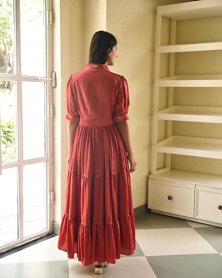 Rust Red Embroidered Tiered Summer Dress by TARO at Pernia's Pop Up Shop
