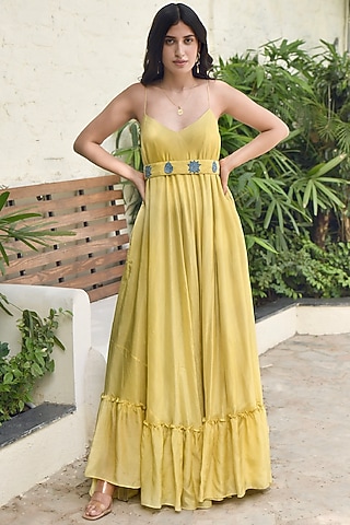 Yellow Modal Silk Gathered Dress by TARO