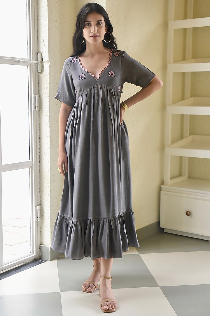 Grey Hand Embroidered Summer Dress by TARO at Pernia's Pop Up Shop