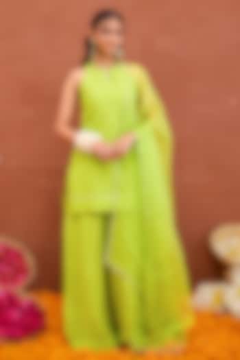 Lime Green Chanderi Silk Sequins Embroidered Kurta Set by TARO at Pernia's Pop Up Shop