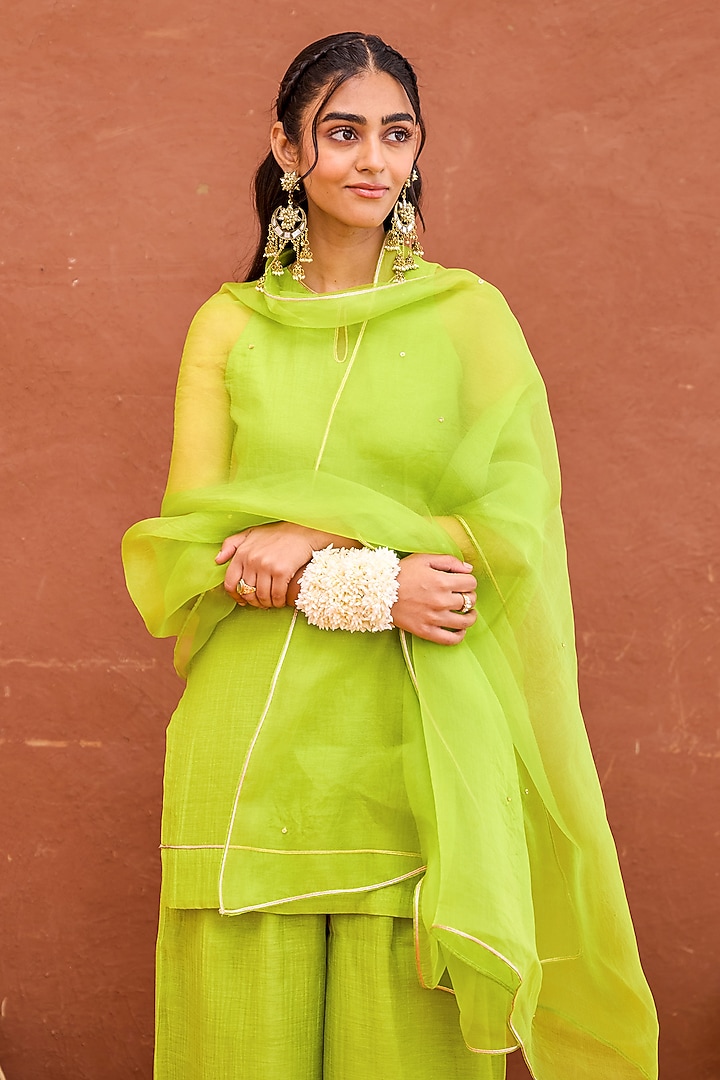 Lime Green Chanderi Silk Sequins Embroidered Kurta Set by TARO at Pernia's Pop Up Shop