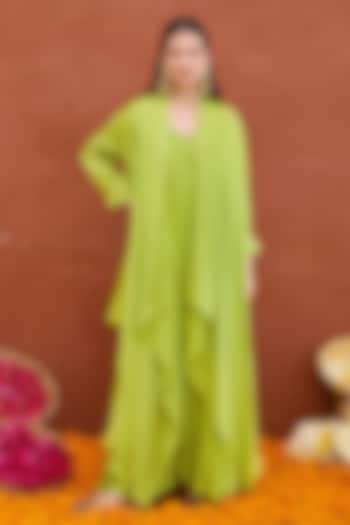 Lime Green Satin & Crepe Silk Hand Embroidered Layered Jacket Vacation Dress by TARO at Pernia's Pop Up Shop