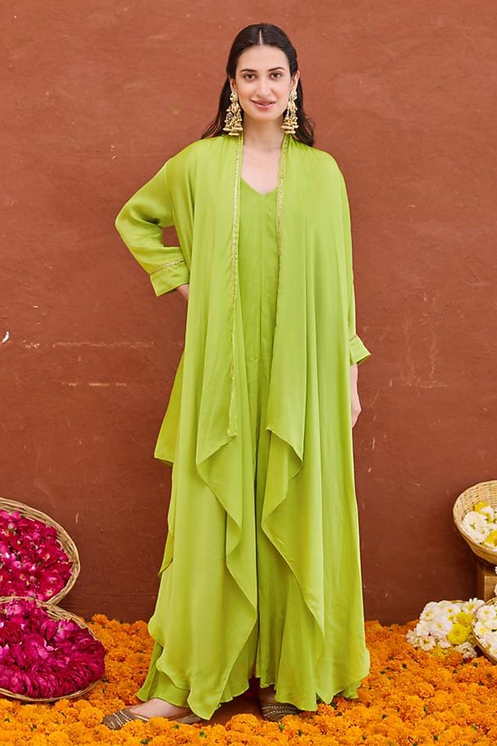 Lime Green Satin & Crepe Silk Hand Embroidered Layered Jacket Vacation Dress by TARO at Pernia's Pop Up Shop
