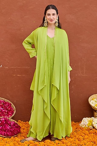 Lime Green Satin & Crepe Silk Hand Embroidered Layered Jacket Dress by TARO