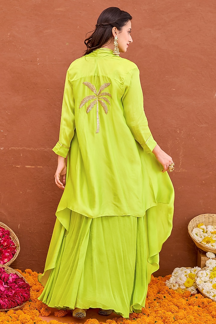 Lime Green Satin & Crepe Silk Hand Embroidered Layered Jacket Vacation Dress by TARO at Pernia's Pop Up Shop