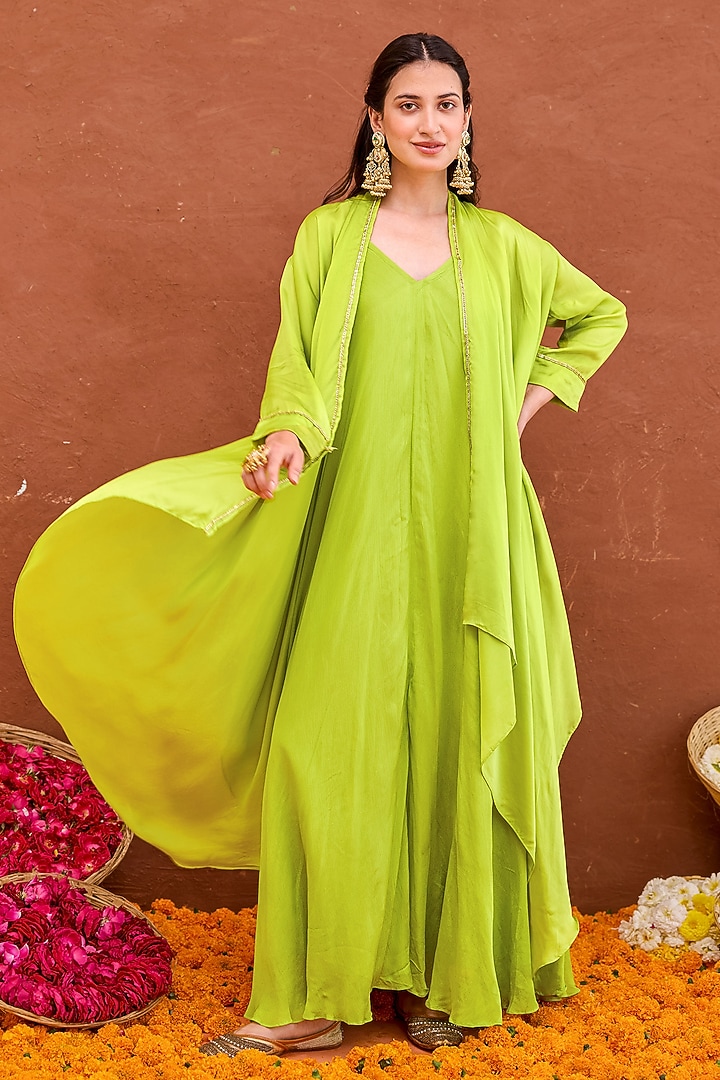 Lime Green Satin & Crepe Silk Hand Embroidered Layered Jacket Vacation Dress by TARO at Pernia's Pop Up Shop