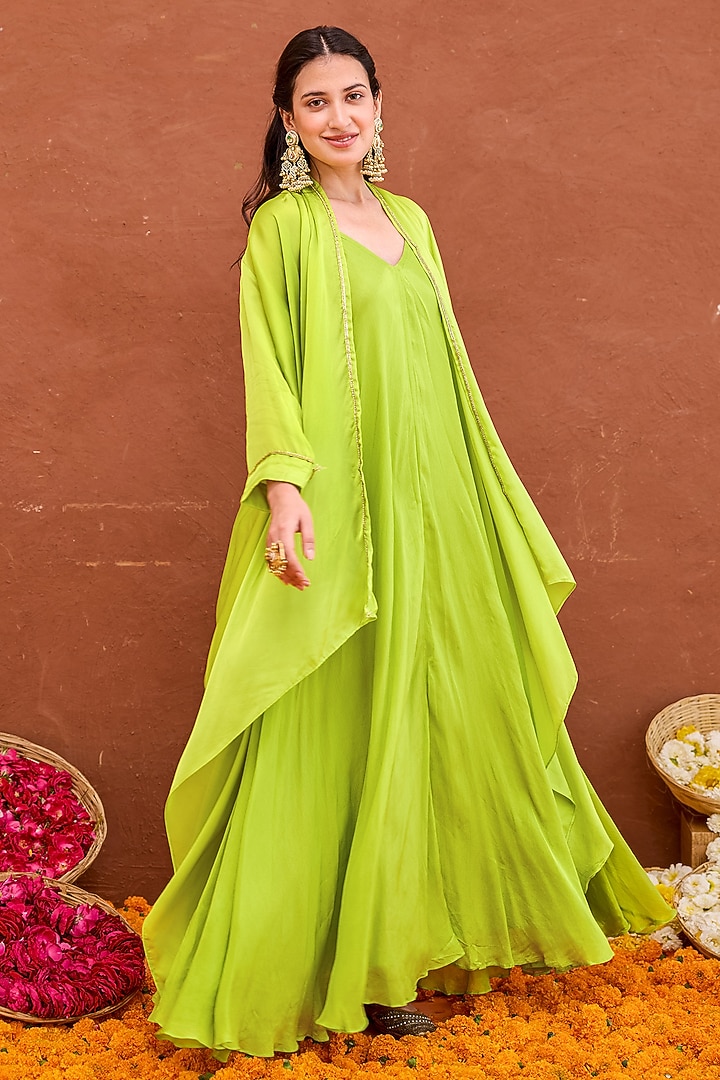 Lime Green Satin & Crepe Silk Hand Embroidered Layered Jacket Vacation Dress by TARO at Pernia's Pop Up Shop