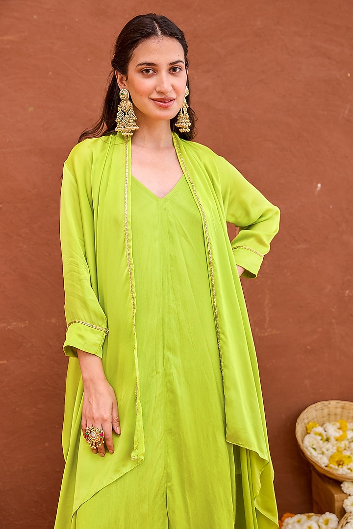 Lime Green Satin & Crepe Silk Hand Embroidered Layered Jacket Vacation Dress by TARO at Pernia's Pop Up Shop