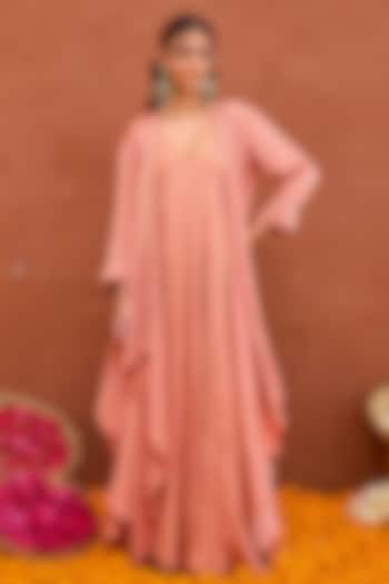 Terracotta Satin & Crepe Silk Hand Embroidered Layered Jacket Vacation Dress by TARO at Pernia's Pop Up Shop