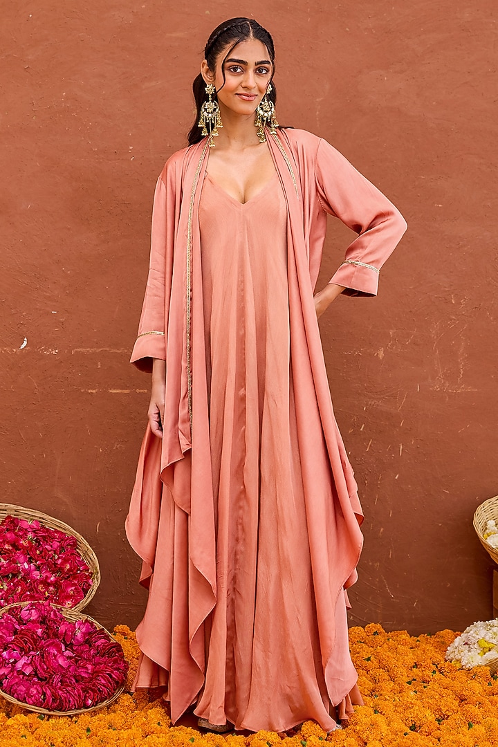 Terracotta Satin & Crepe Silk Hand Embroidered Layered Jacket Vacation Dress by TARO at Pernia's Pop Up Shop
